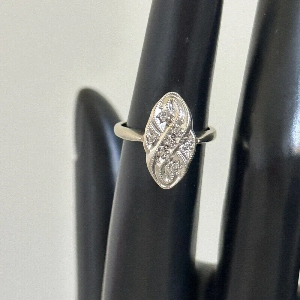 14K Solid White Gold Vintage Antique Deco Style Diamonds Band Ring Size 4.75